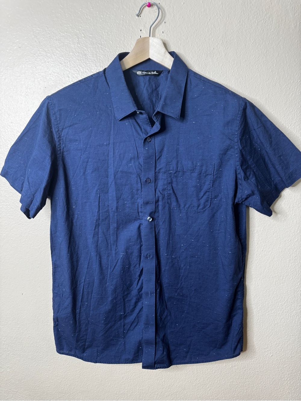 Travis Mathew Shirt Men’s Large Navy Blue Short Sleeve Cotton Blend Button Up